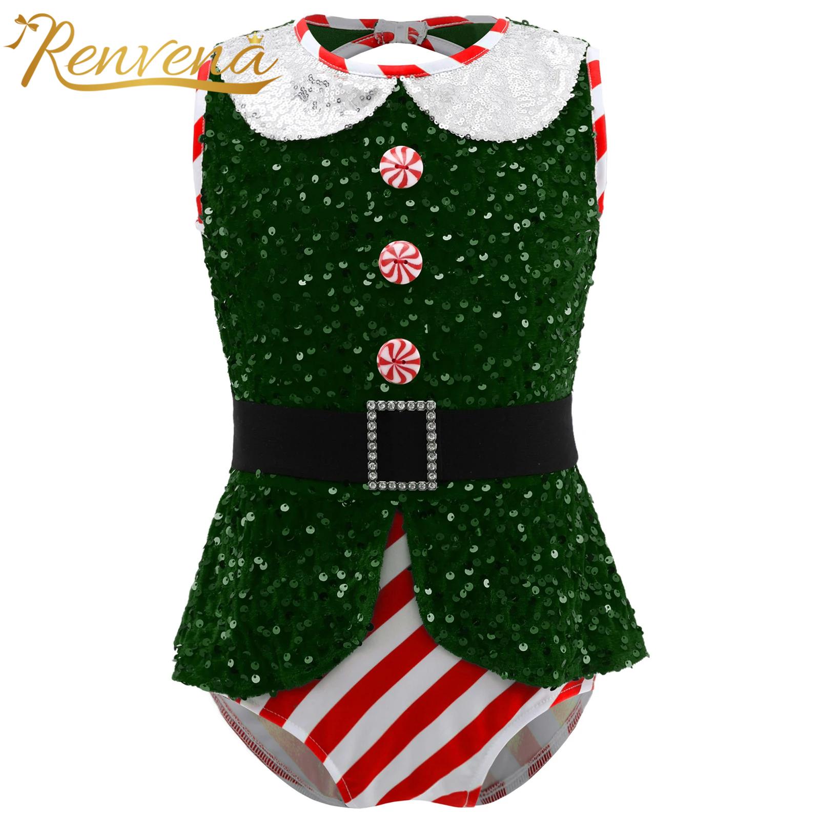 Elf Costume Christmas - Meisjes sprankelende pailletten jumpsuits mouwloze bodysuit