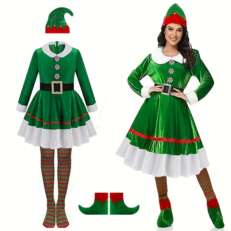 Elf Costume Christmas - 5-delige kerstelfkostuumset voor dames met fleece