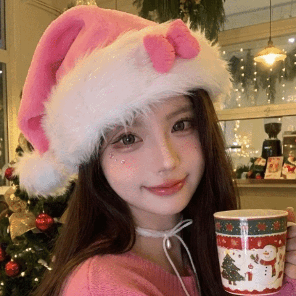 Santa Hat Plush - Nieuwe Sterrenpatroon Roze Strik Kerstmuts Pluizige